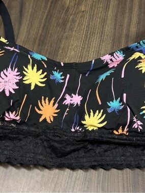 Black Bralette with Multicolor Tropical Palm Print and Lace Trim